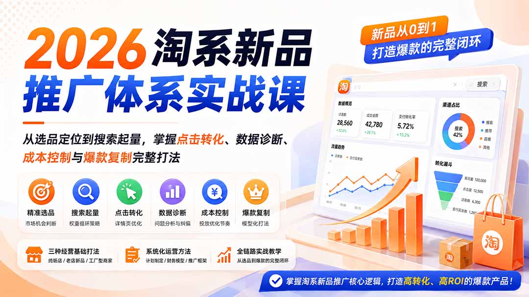 2026淘系新品推广体系实战课:从选品定位到搜索起量,掌握点击转化、数据诊断、成本控制与爆款复制完整打法-摇钱树