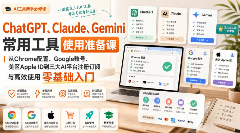 ChatGPT、Claude、Gemini常用工具使用准备课|从Chrome配置、Google账号、美区Apple ID到三大AI平台注册订阅与高效使用零基础入门-摇钱树