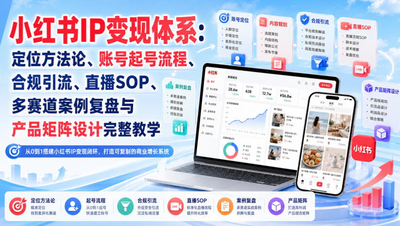 小红书IP变现体系:定位方法论、账号起号流程、合规引流、直播SOP、多赛道案例复盘与产品矩阵设计完整教学-摇钱树