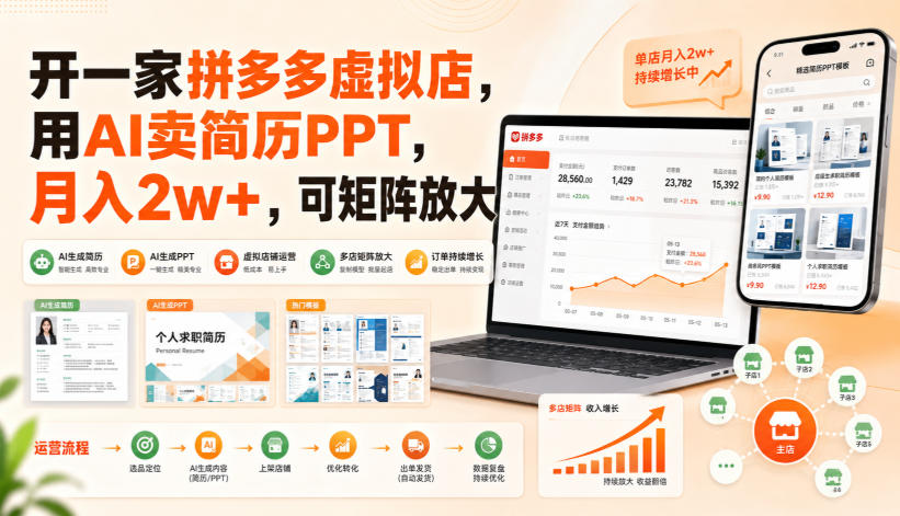 开一家拼多多虚拟店，用AI卖简历PPT，月入2w+，可矩阵放大【揭秘】-摇钱树