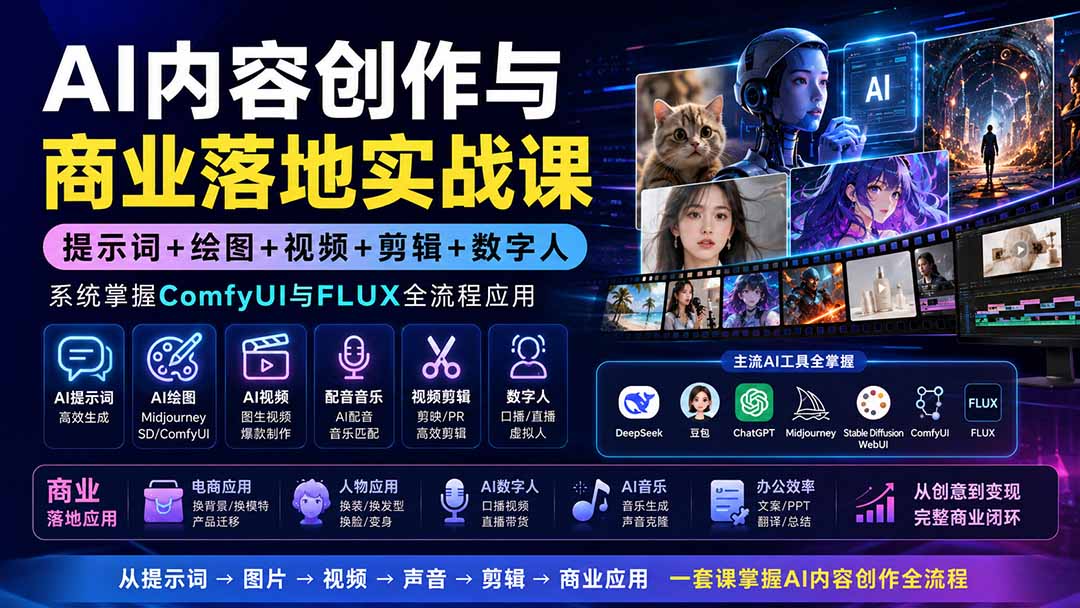 AI内容创作与商业落地实战课:提示词+绘图+视频+剪辑+数字人,系统掌握ComfyUI与FLUX全流程应用-摇钱树
