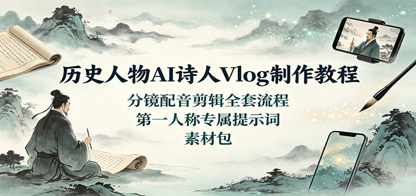 历史人物AI诗人Vlog制作教程：分镜配音剪辑全套流程，第一人称专属提示词素材包-摇钱树