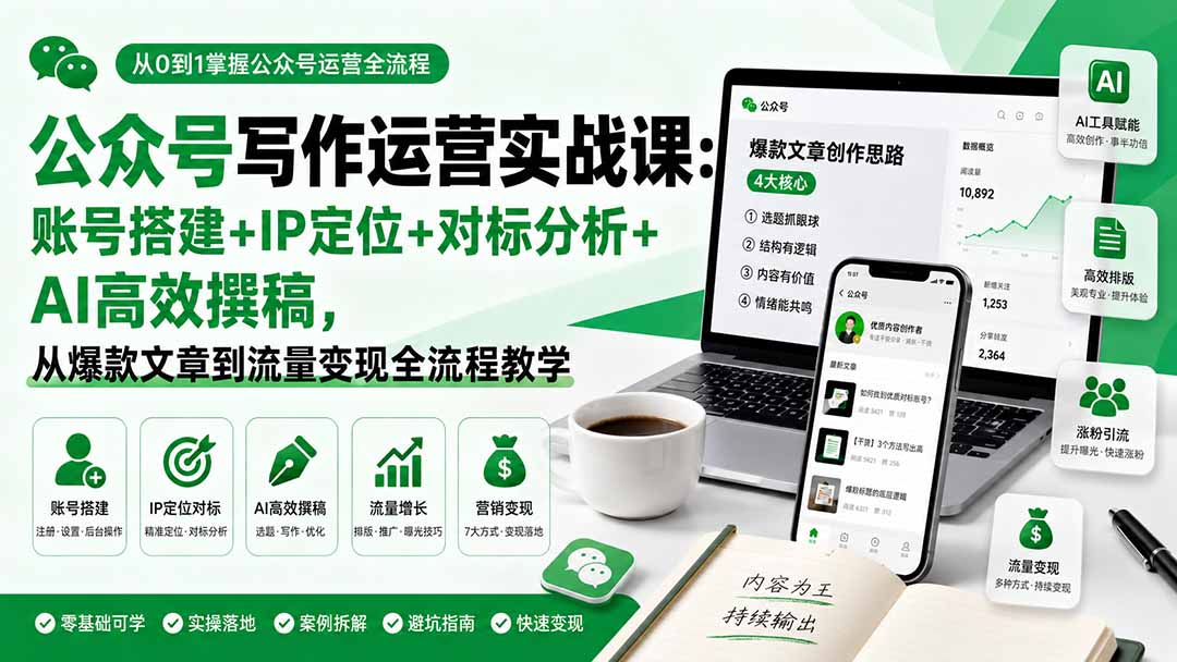 公众号写作运营实战课:账号搭建+IP定位+对标分析+AI高效撰稿,从爆款文章到流量变现全流程教学-好学创业资源
