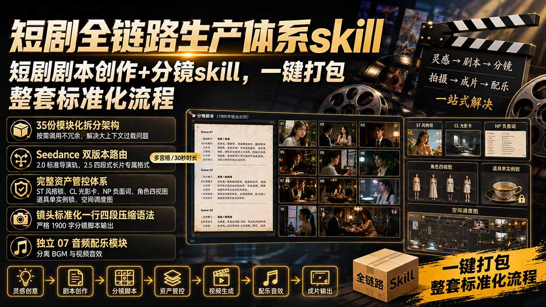 短剧全链路生产体系skill，短剧剧本创作+分镜skill，一键打包，整套标准化流程-摇钱树