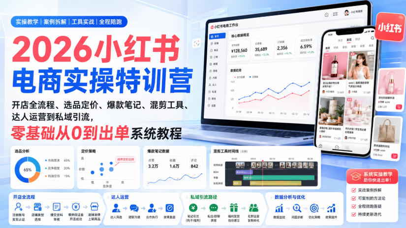 2026小红书电商实操特训营|开店全流程、选品定价、爆款笔记、混剪工具、达人运营到私域引流,零基础从0到出单系统教程-好学创业资源
