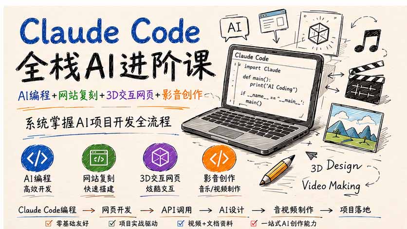 Claude Code全栈AI进阶课;AI编程+网站复刻+3D交互网页+影音创作,系统掌握AI项目开发全流程-摇钱树