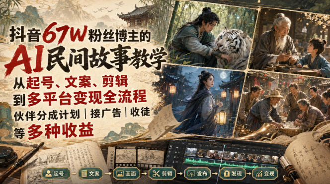 抖音67W粉丝博主的AI民间故事教学,从起号、文案、剪辑到多平台变现全流程,伙伴分成计划接广告等多种收益,月入1W+-摇钱树
