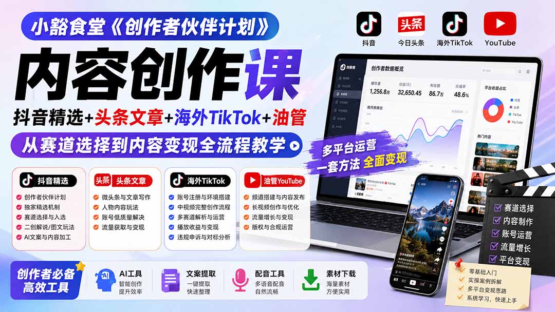 小豁食堂《创作者伙伴计划》内容创作课:抖音精选+头条文章+海外TikTok+油管,从赛道选择到内容变现全流程教学-摇钱树