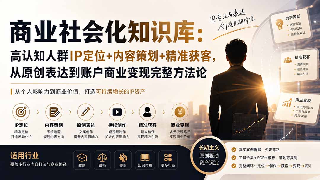 商业社会化知识库:高认知人群IP定位+内容策划+精准获客,从原创表达到账户商业变现完整方法论-摇钱树