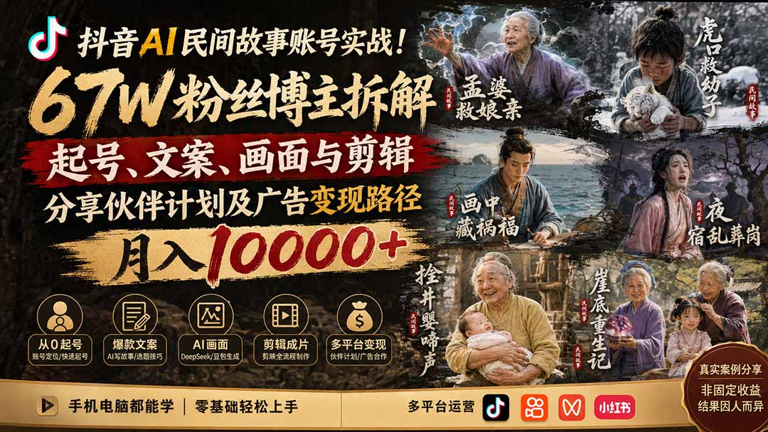 抖音AI民间故事账号实战!67W粉丝博主拆解起号、文案、画面与剪辑,分享伙伴计划及广告变现路径,月入10000+-摇钱树
