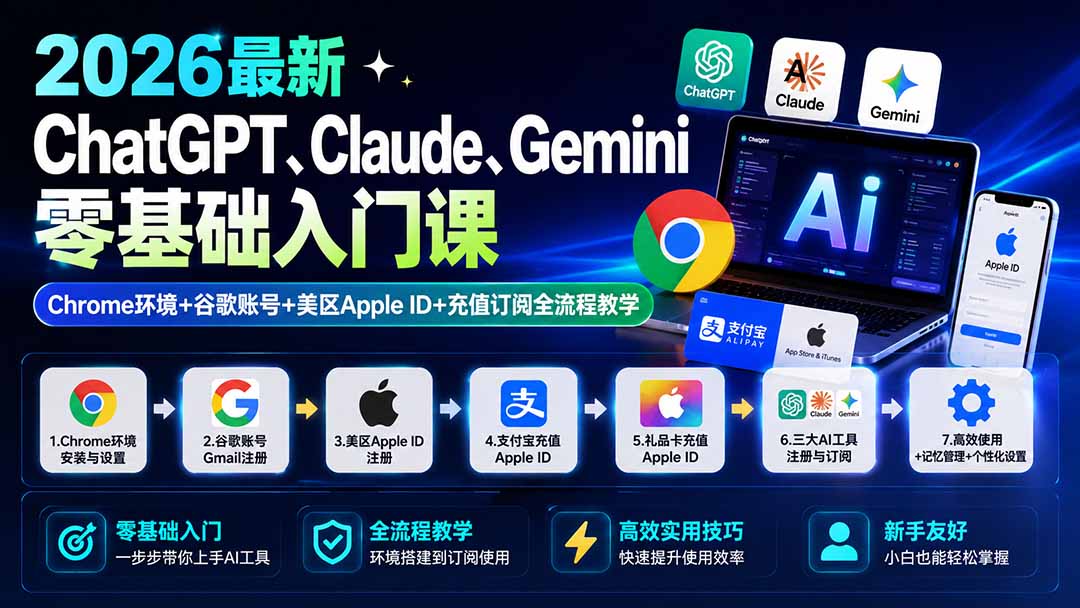 2026最新ChatGPT、Claude、Gemini零基础入门课：Chrome环境+谷歌账号+美区Apple ID+充值订阅全流程教学-摇钱树