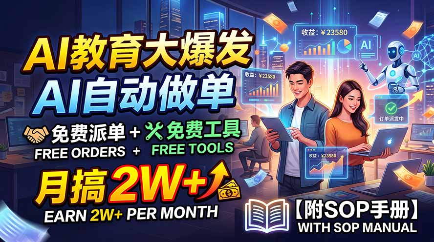 AI教育大爆发，AI自动做单，免费派单+免费工具，月搞2W+【附SOP手册】-摇钱树