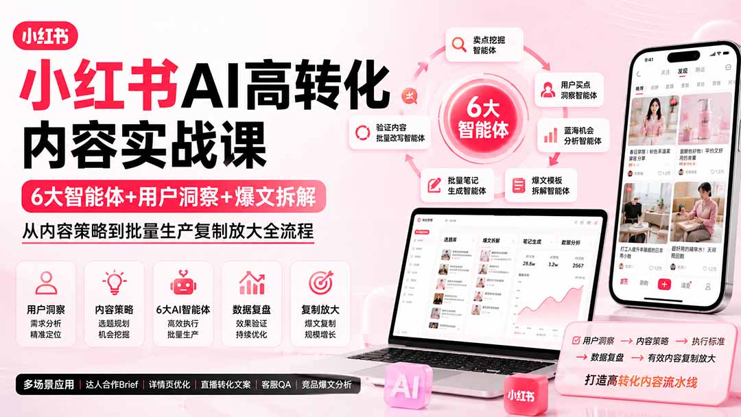 小红书AI高转化内容实战课:6大智能体+用户洞察+爆文拆解,从内容策略到批量生产复制放大全流程-摇钱树