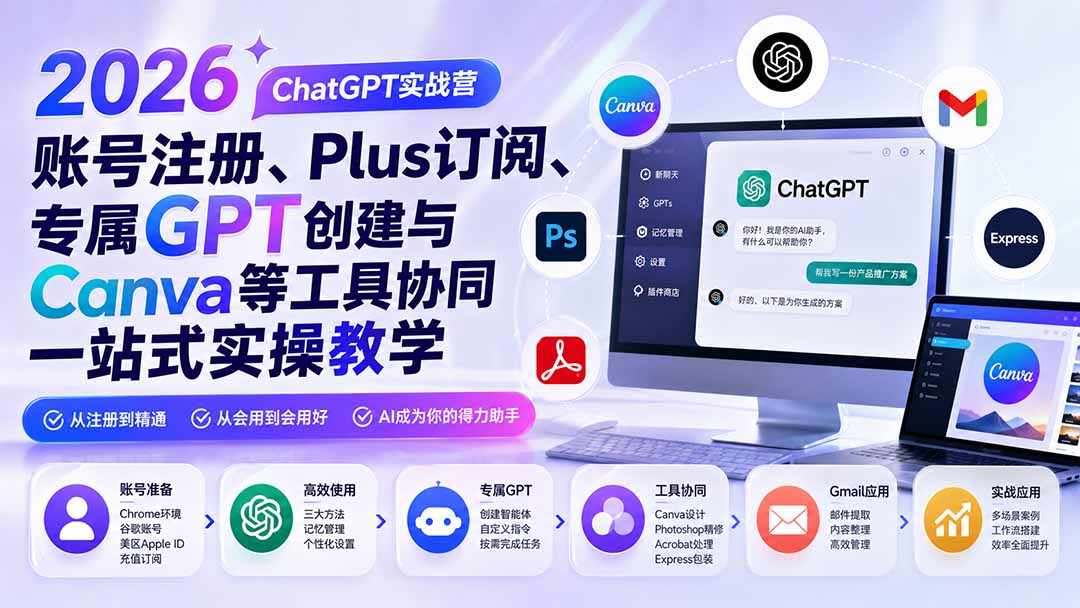 2026 ChatGPT实战营;账号注册、Plus订阅、专属GPT创建与Canva等工具协同一站式实操教学-摇钱树