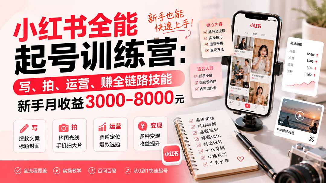 小红书全能起号训练营-更新：写、拍、运营、赚全链路技能，新手月收益3000-8000元-摇钱树