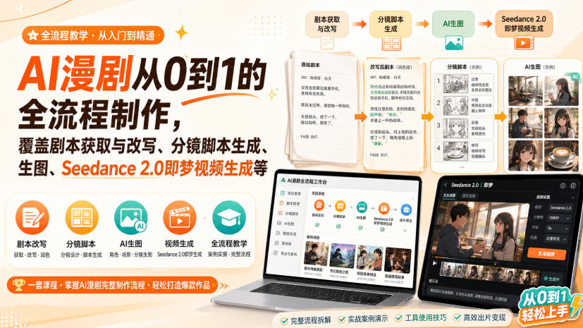 AI漫剧从0到1的全流程制作,覆盖剧本获取与改写、分镜脚本生成、角色场景生图与三视图、Seedance 2.0即梦视频生成(PDF版)-好学创业资源