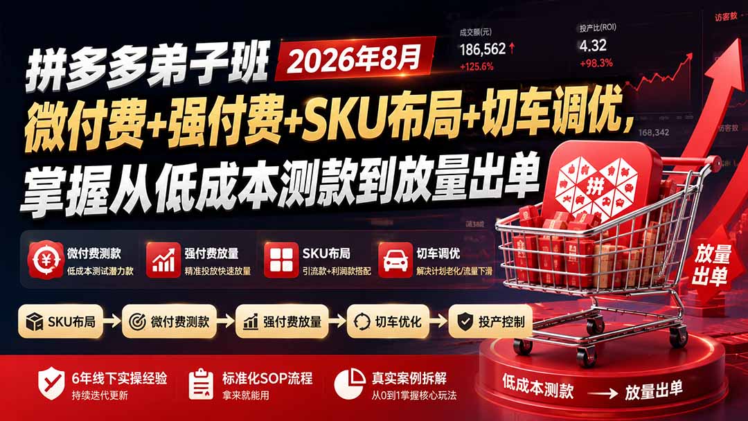 拼多多弟子班2026年8月：微付费+强付费+SKU布局+切车调优，掌握从低成本测款到放量出单-摇钱树