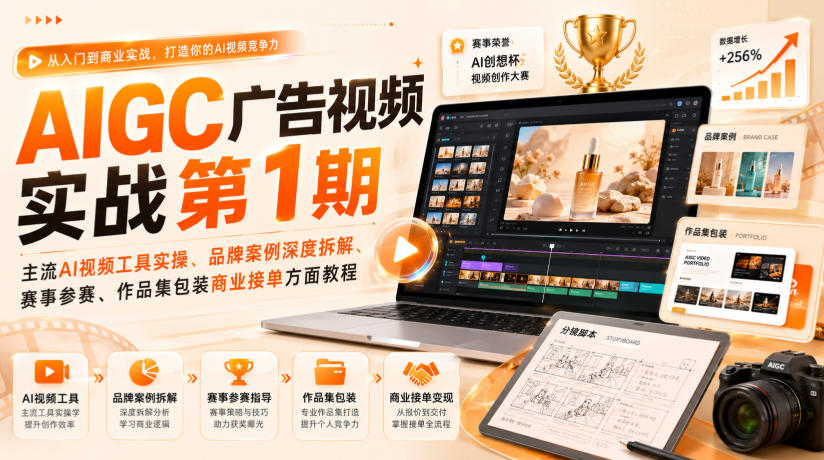 AIGC广告视频实战第1期,主流AI视频工具实操、品牌案例深度拆解、赛事参赛、作品集包装商业接单方面教程-摇钱树