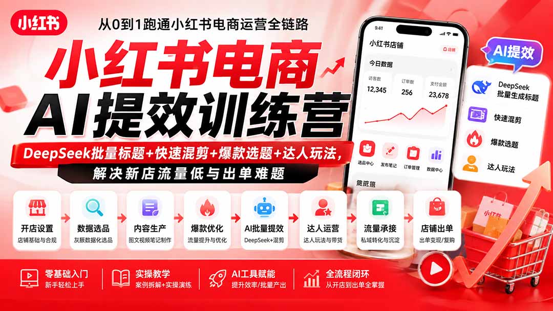 小红书电商AI提效训练营—DeepSeek批量标题+快速混剪+爆款选题+达人玩法,解决新店流量低与出单难题-好学创业资源