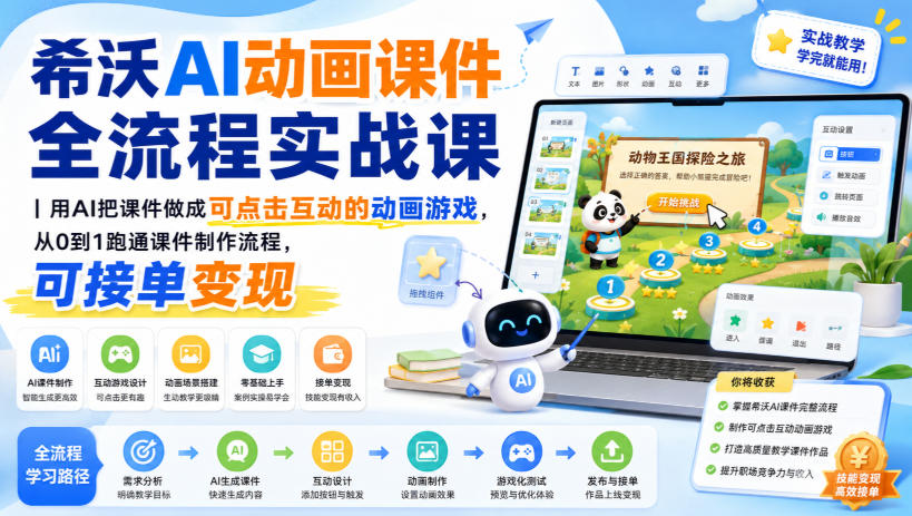 希沃AI动画课件全流程实战课|用AI把课件做成可点击互动的动画游戏,从0到1跑通课件制作流程,可接单变现-摇钱树