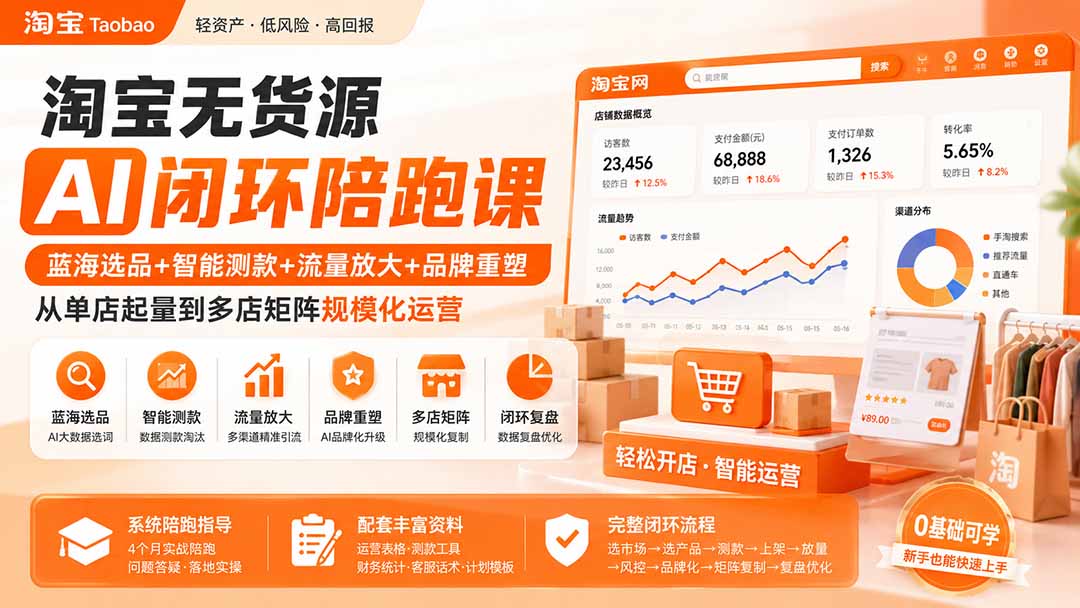 淘宝无货源AI闭环陪跑课:蓝海选品+智能测款+流量放大+品牌重塑,从单店起量到多店矩阵规模化运营-摇钱树