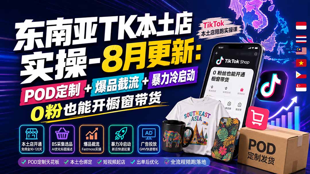 东南亚TK本土店实操-8月更新:POD定制+爆品截流+暴力冷启动,0粉也能开橱窗带货-摇钱树