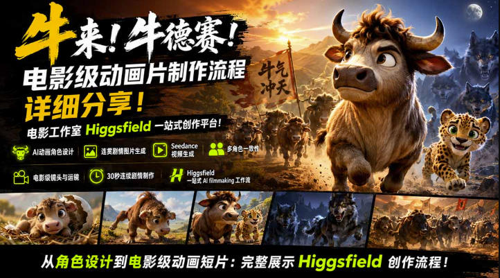 牛来!牛德赛!电影级动画片制作流程详细分享!电影工作室Higgsfield一站式创作平台,完整创作流程-摇钱树