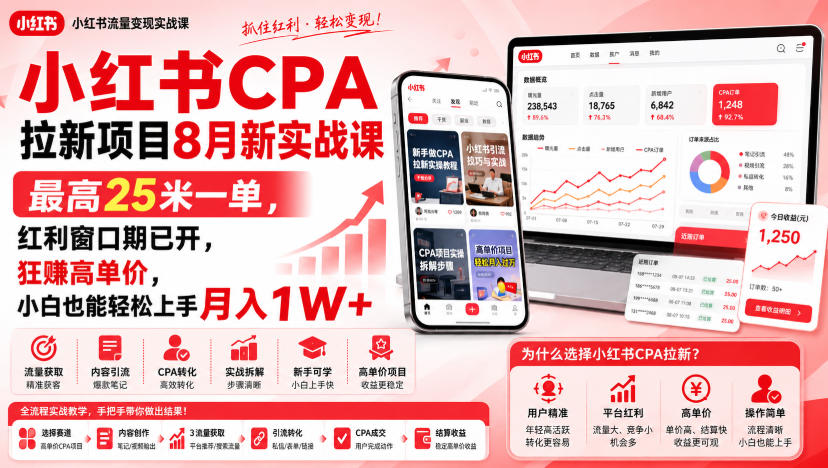 小红书CPA拉新项目8月新实战课,最高25米一单,红利窗口期已开,狂賺高单价,小白也能轻松上手月入1W+