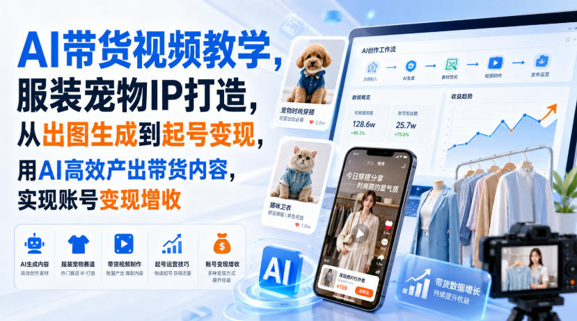 AI带货视频教学，服装宠物IP打造，从出图生成到起号变现，用AI高效产出带货内容，实现账号变现增收-摇钱树