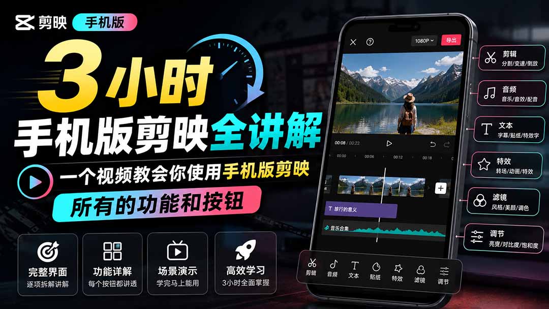3小时手机版剪映全讲解,一个视频教会你使用手机版剪映,所有的功能和按钮-摇钱树