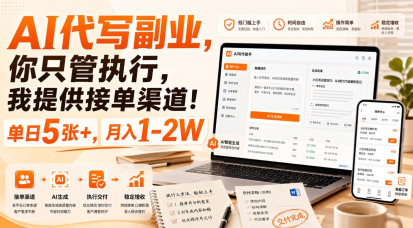 AI代写副业，你只管执行，我提供接单渠道！单日5张+，月入1-2W【揭秘】-摇钱树