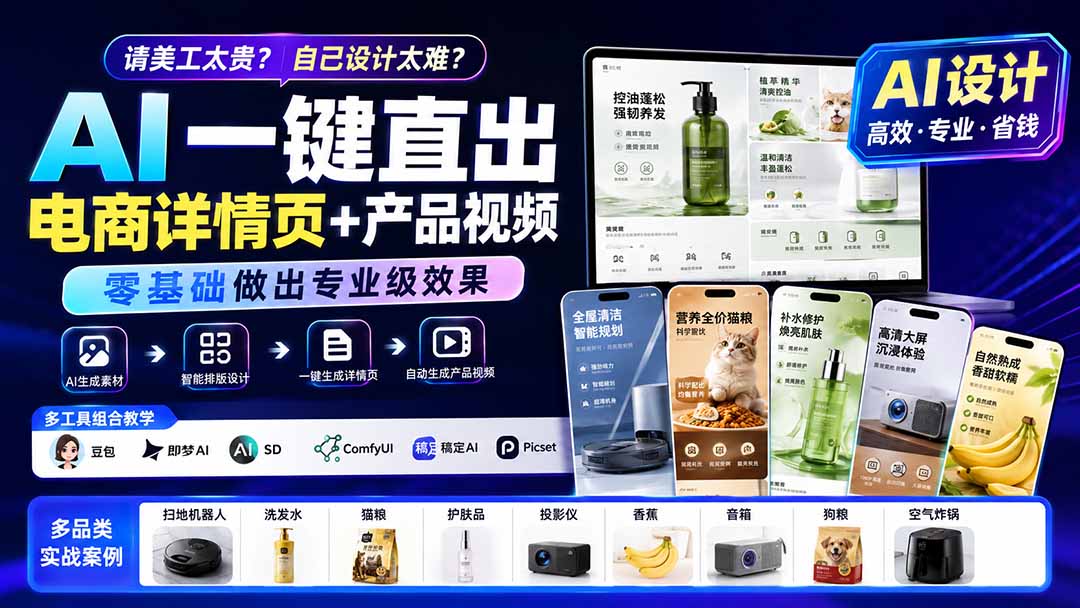 请美工太贵？自己设计太难？AI一键直出电商详情页+产品视频，零基础做出专业级效果 (更新0820-摇钱树