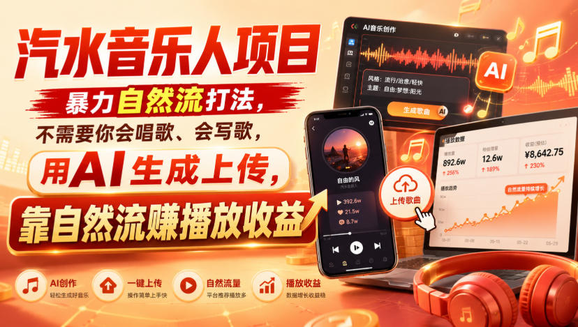 汽水音乐人项目,暴力自然流打法,不需要你会唱歌、会写歌,用AI生成上传,靠自然流賺播放收益-摇钱树