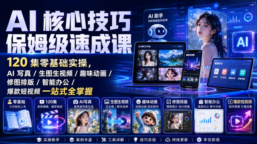 AI核心技巧保姆级速成课|120集零基础实操,AI写真/生图生视频/趣味动画/修图排版/智能办公/爆款短视频一站式全掌握(更新)-摇钱树