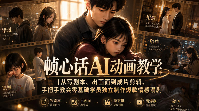 帧心话AI动画教学｜从写剧本、出画面到成片剪辑，手把手教会零基础学员独立制作爆款情感漫剧-摇钱树