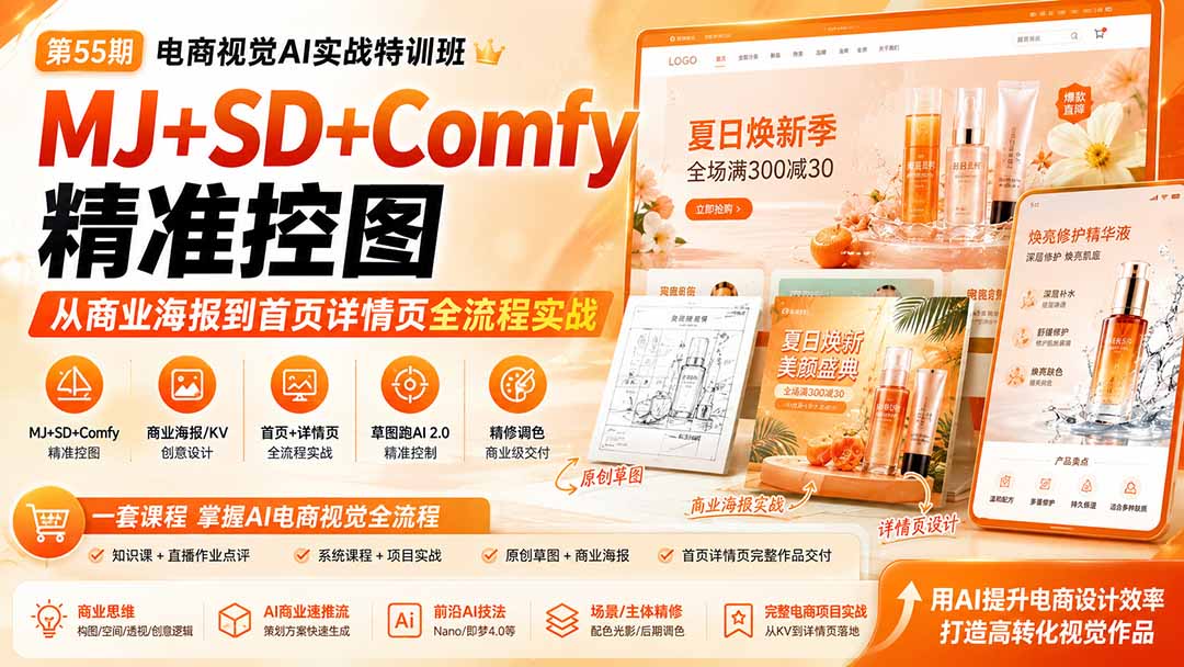 电商视觉 AI实战训练营第55期:MJ+SD+Comfy精准控图,从商业海报到首页详情页全流程实战-摇钱树