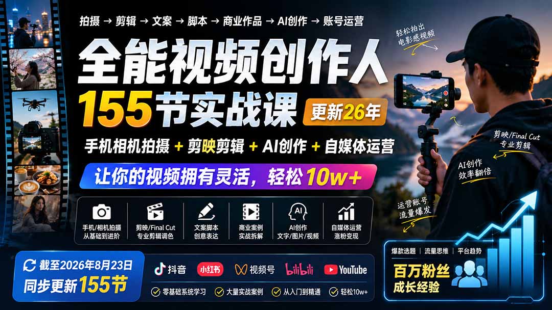 全能视频创作人155节实战课-更新26年8月:手机相机拍摄+剪映剪辑+AI创作+自媒体运营,让你的视频拥有灵活,轻松10w-摇钱树