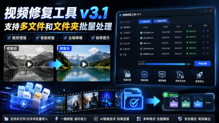 视频修复工具v3.1,支持多文件和文件夹批量处理-摇钱树