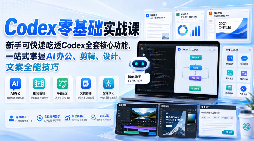 Codex零基础实战课，新手可快速吃透Codex全套核心功能，一站式掌握AI办公、剪辑、设计、文案全能技巧-摇钱树