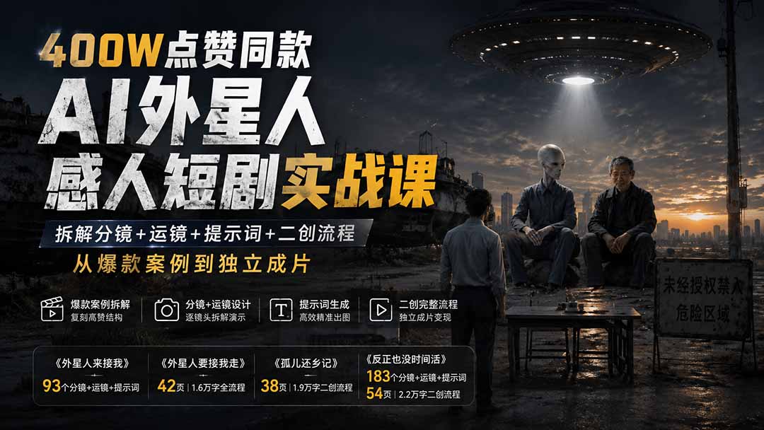 400W点赞同款AI外星人感人短剧实战课:拆解分镜+运镜+提示词+二创流程,从爆款案例到独立成片-摇钱树