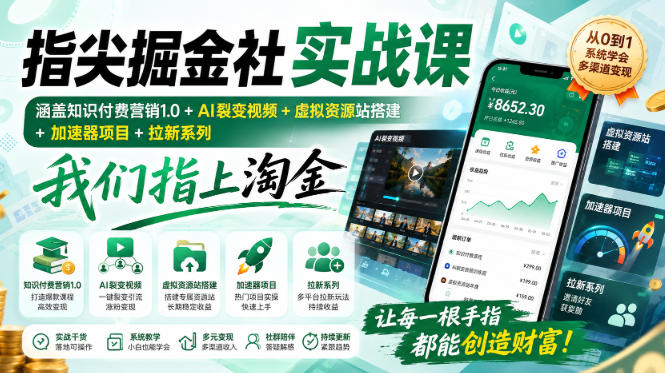 指尖掘金社实战课,涵盖知识付费营销1.0+AI裂变视频+虚拟资源站搭建+加速器项目+拉新系列,我们指上淘金!-摇钱树