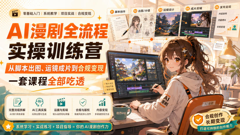 AI漫剧全流程实操训练营，从脚本出图、运镜成片到合规变现，一套课程全部吃透-摇钱树