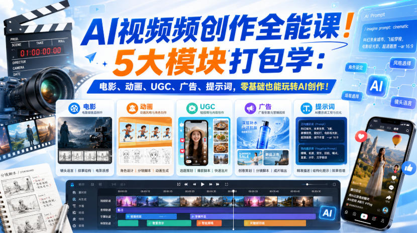 AI视频频创作全能课!5大模块打包学:电影、动画、UGC、广告、提示词,零基础也能玩转AI创作!【原创双语字幕】-摇钱树