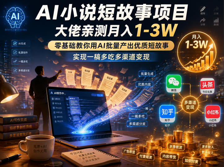 AI小说短故事项目，大佬亲测月入1-3W，零基础教你用AI批量产出优质短故事，实现一稿多吃多渠道变现(更新0824)-摇钱树