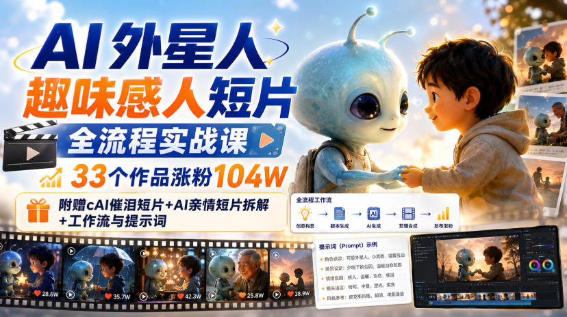 AI外星人趣味感人短片全流程实战课,33个作品涨粉104W,附赠AI催泪短片+AI亲情短片拆解+工作流与提示词-摇钱树