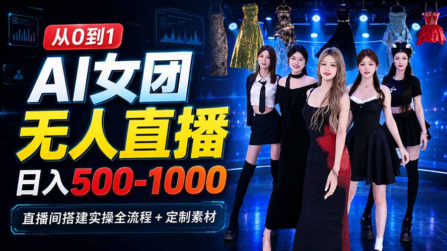 AI 女团无人直播，躺入500-1000每天，直播间搭建实操全流程+定制素材-摇钱树