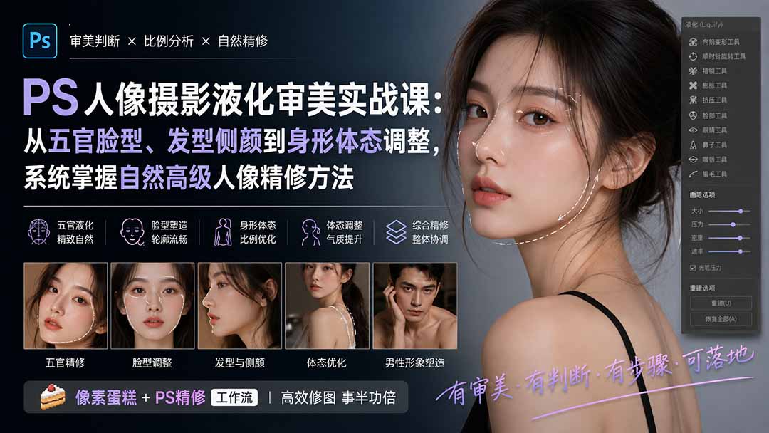 PS人像摄影液化审美实战课:从五官脸型、发型侧颜到身形体态调整,系统掌握自然高级人像精修方法-摇钱树