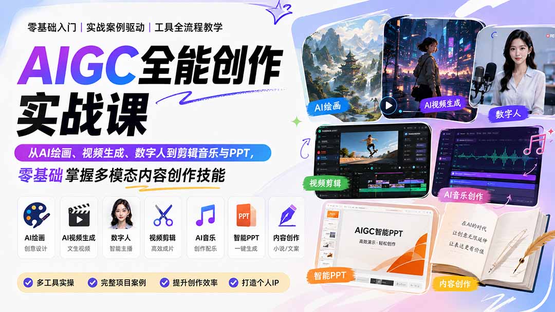 AIGC全能创作实战课：从AI绘画、视频生成、数字人到剪辑音乐与PPT，零基础掌握多模态内容创作技能-摇钱树