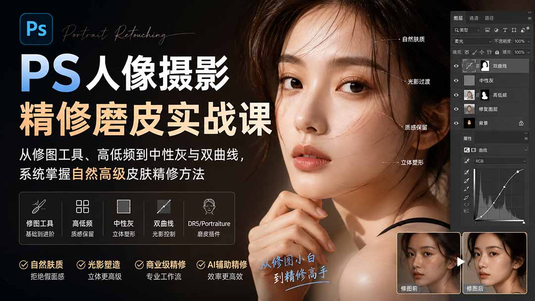 PS人像摄影精修磨皮实战课:从修图工具、高低频到中性灰与双曲线,系统掌握自然高级皮肤精修方法-摇钱树
