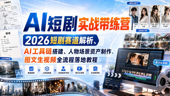 AI短剧实战带练营｜2026短剧赛道解析、AI工具链搭建、人物场景资产制作、图文生视频全流程落地教程-摇钱树